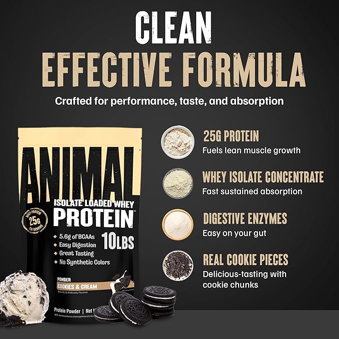 Animal Whey Isolate Protein Powder - Loaded for Pre & Post Workout Muscle Builder and Recovery with Digestive Enzymes for Men & Women - 25g Protein, Great Taste, Low Sugar - Cookies & Cream 10 lbs