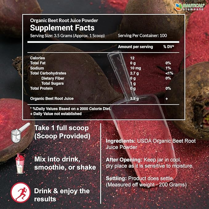 Beet Juice Powder Organic - Cold Pressed - 20:1 Concentrate - Concentrated Beet Root Powder - Nitric Oxide - Circulation Support - 57 Servings of Beet Root Supplement - 7oz