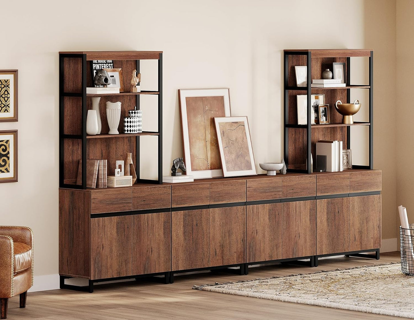 WAMPAT Modern TV Stand with 3 Tiers Bookshelf, Farmhouse Entertainment Center with 4 Large Storage Cabinets and Adjustable Shelf, Wooden Media TV Console with Black Metal Leg for Living Room, Brown