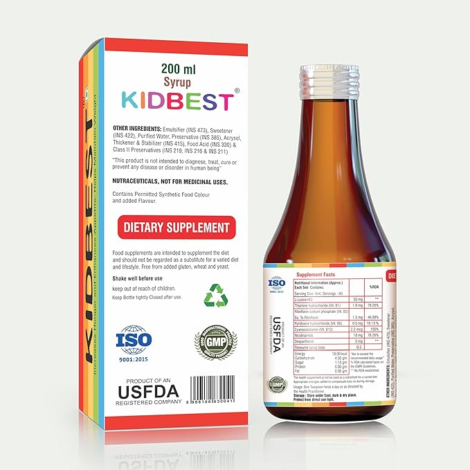 Kidbest Appetite Booster for Kids 3-13 Yrs with 20+ Nutrients, L-Lysine & B Vitamins Syrup, Helps Healthy Weight Gain, Pineapple Flavor, Increases Hunger, Appetite Stimulant, 200ml