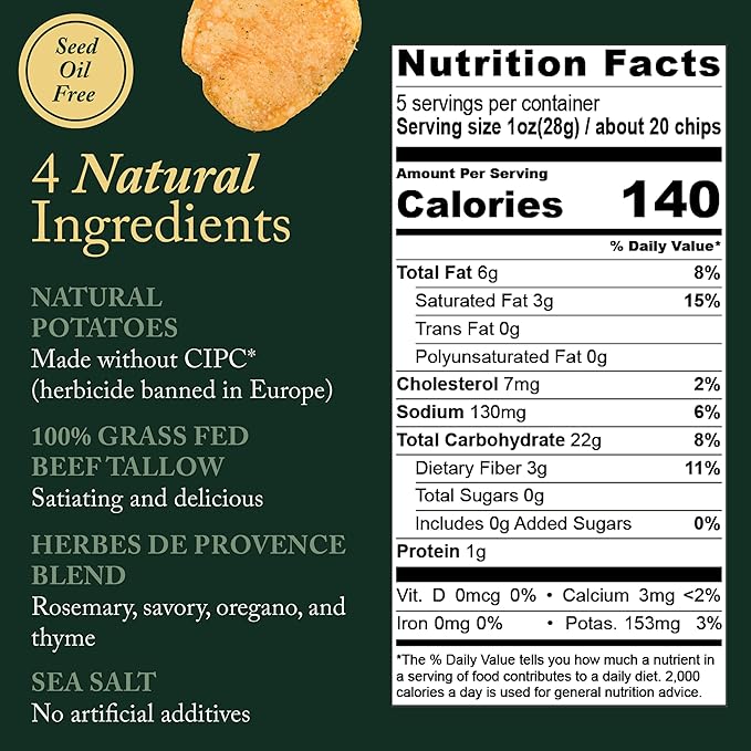 Vandy Crisps Potato Chips - Seed Oil Free Snacks - Gluten Free Potato Chip - Made with Potatoes, Grass-Fed Beef Tallow, Sea Salt, & Herbes de Provence Blend - 2 Pack, 5 Ounce Each (Herbes de Provence)