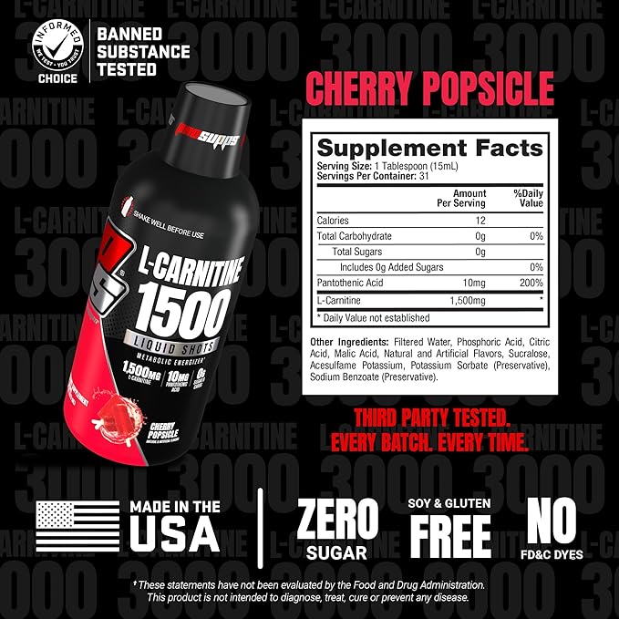PROSUPPS L-Carnitine Liquid 1500, Stimulant-Free Liquid Shots for Men & Women - Clean Workout Drink for Energy, Performance & Muscle Recovery - No Sugar, No Carbs - 31 Servings, Cherry Popsicle
