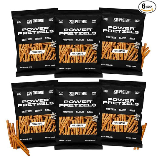 Power Pretzels High Protein Pretzel Sticks, Vegan Friendly and Plant-Based with 23g Protein per Bag, Savory and Crunchy Low Calorie Snack for Active Adults, Great for Gym, Work, or On-the-Go, 2 oz (6 Pack)