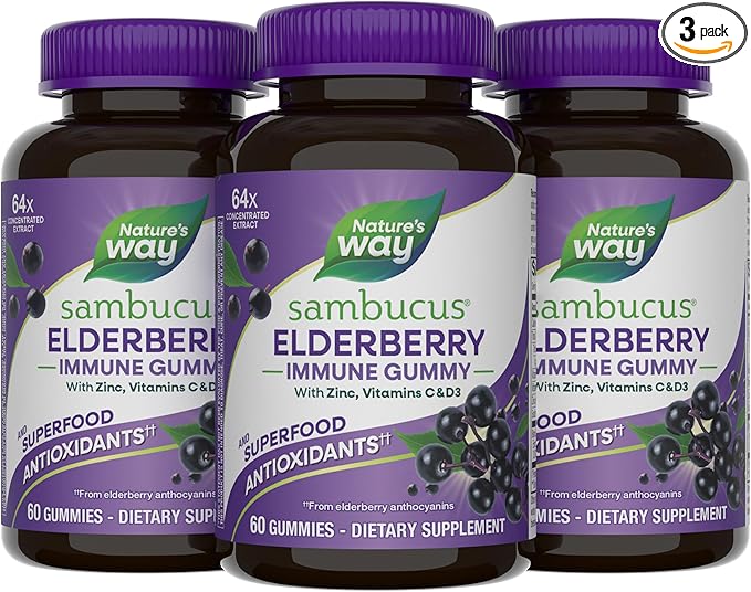 Nature's Way Sambucus Elderberry Immune Gummies, Daily Immune Support for Kids and Adults*, with Vitamin C, Vitamin D3, Zinc, Gluten Free, Vegetarian, 60 Gummies (Set of 3)