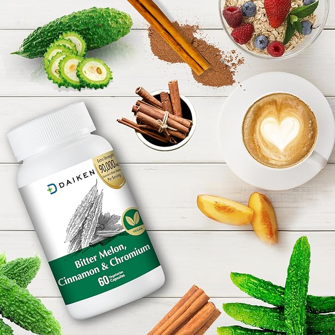 DAIKEN Bitter Melon 90,000 mg Equivalent, Enriched with Cinnamon, Chromium & Zinc, 100% Vegetarian Bitter Melon Capsules, 60 Capsules (Pack of 2)
