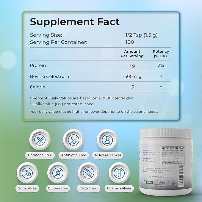 Bovine Colostrum Powder Rich in Protein & Lactoferrin- The True Certified Supplement for Immune Support, Gut Health, Muscle Growth - 150g