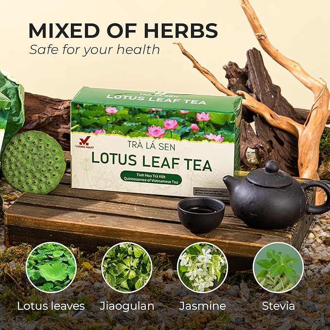 VUONGMART Dried Lotus Leaf Tea, 100% Hand Pick, Stevia, Jiaogulan, Jasmine, Organic Herbal Tea, 30 Tea Bags, Gluten Free, Dairy Free, Sugar Free & Natural, Energy Boost & Health Support