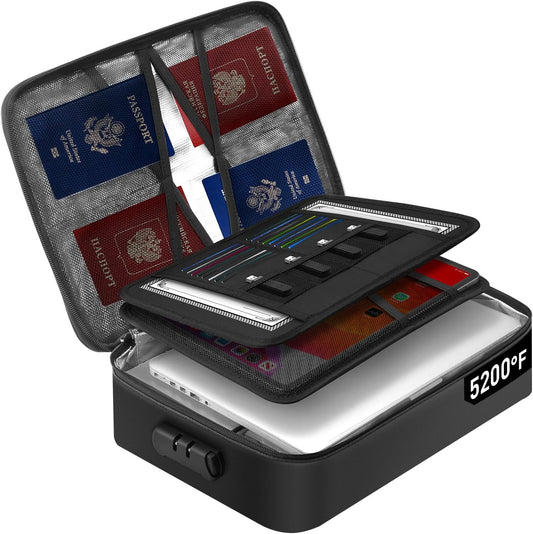 5200°F Fireproof Document Bag with Lock - Mondoshop Heat-Insulated Fireproof Document Box, Important Document Organizer, Portable Travel Fireproof Safe for Home Document, Passport, Laptop, Cards(Soft)