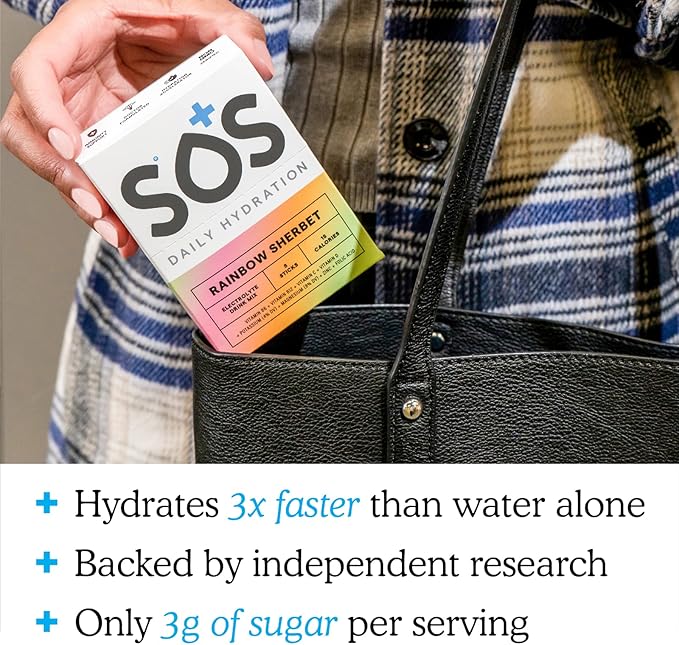 SOS Hydration Electrolyte Powder 8 Stick Packs – Low-Calorie, Rapid Rehydration, Made in USA, Keto (8 Servings, Rainbow Sherbert)
