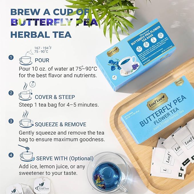 LeafLea 80 Butterfly Pea Flower Tea Bags, Natural Herbal Tea for Blue and Purple Drinks, Mocktails, and Food Coloring, Caffeine-Free, Sugar-Free, Non-GMO, Pack of 2