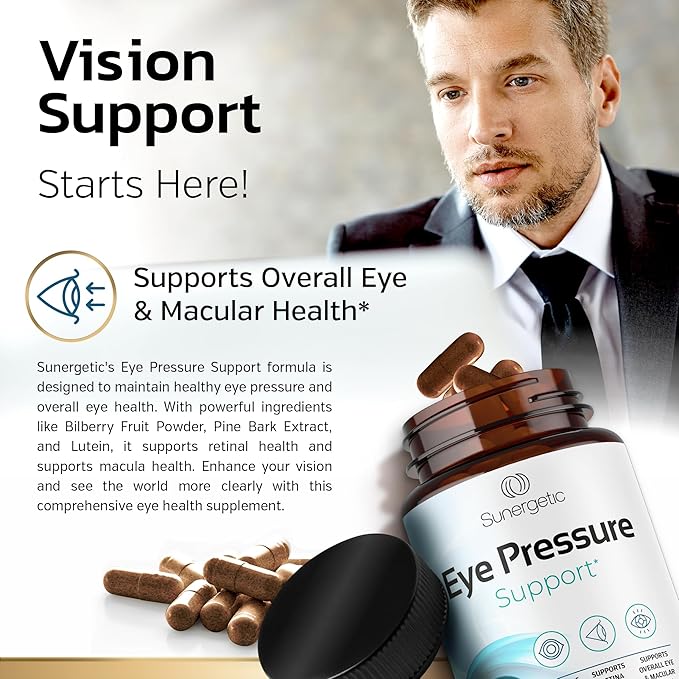 Sunergetic Premium Eye Pressure Support Supplement - Eye Pressure Supplement with Saffron, Lutein, Zeaxanthin, Bilberry & Pine Bark - Supports Ocular Health & Overall Vision - 30 Count