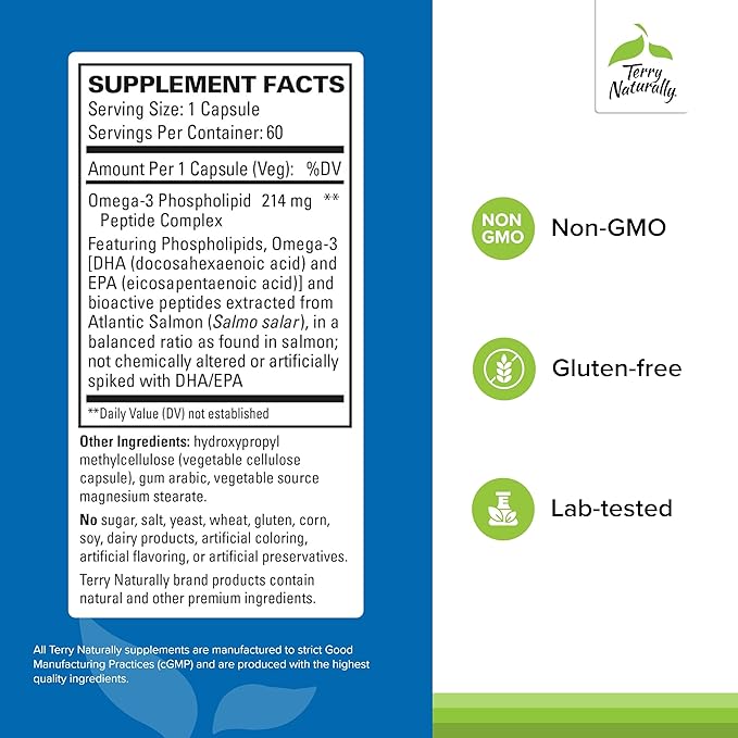 Terry Naturally Vectomega - Dietary Supplement with EPA & DHA - Omega-3 Tablets for Brain & Heart Health Support - Nutritional Supplement with Essential Fatty Acids & Peptides - 60 Capsules