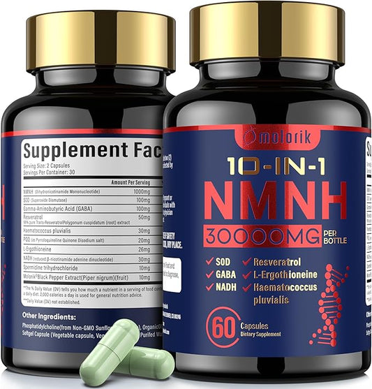 NMNH (Dihydronicotinamide Mononucleotide), 1000mg Per Serving, NAD High Purity Supplement, 60 Capsules, Gluten Free, GMP Certified for Anti-Aging, Energy, Focus - 30 Servings