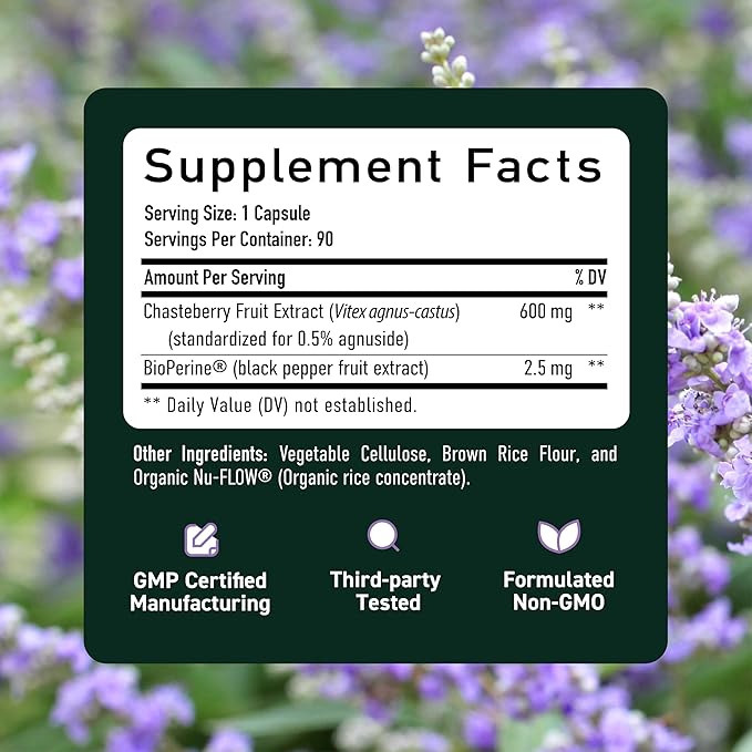 Vitex Chasteberry Supplement 600mg | Agnus Castus for Women's Hormone Balance, Menopause, Menstrual Regularity & Hormonal Acne* | Certified Gluten-Free, Vegetarian | 90 Capsules, 3-Month Supply