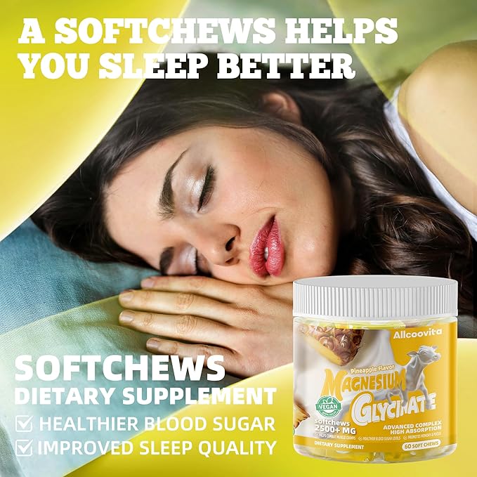 Magnesium Glycinate Soft Chews, Pineapple Flavor.Chewable Sugar Free Potassium Magnesium Chews with Magnesium Glycinate, Vitamin D, B6, and CoQ10 for Calm Support & Sleep for Adults, 60 Days Supply