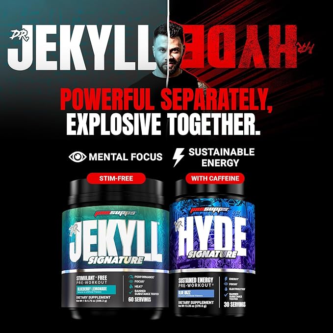 PROSUPPS Dr. Jekyll Signature Pre Workout Powder with Creatine - Stim-Free Preworkout Supports Focus & Endurance - Caffeine-Free Gym & Fitness Supplements (Blueberry Lemonade, 60 Servings)