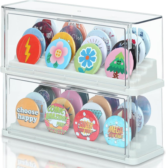 2 Pack Button Pin Display Case – 4-Tier Clear Badge Storage Box, Stackable Dustproof Pin Organizer with Front Door for Button Pins, Enamel Pins, and Collectibles (White-2 Pack)