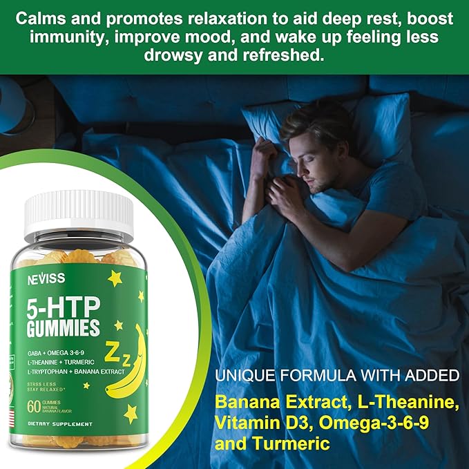 NEVISS 1Pack 5-HTP Gummies + GABA - Melatonin Free - Relaxation Gummies with Banana Extract, L-Theanine,L-Tryptophan, Vitamin D3 for Healthy Rest Cycle & Circadian Rhythm,Brain Function & Muscle Relax