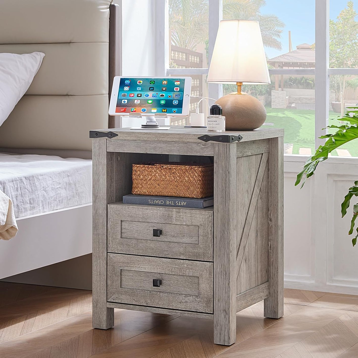 Nightstand with Charging Station and USB Port, Farmhouse Night Stand with 2 Drawers and Shelf Storage, Wooden Side End Table, Bedside Cabinet for Bedroom, Living Room, Closet,Office (Grey)