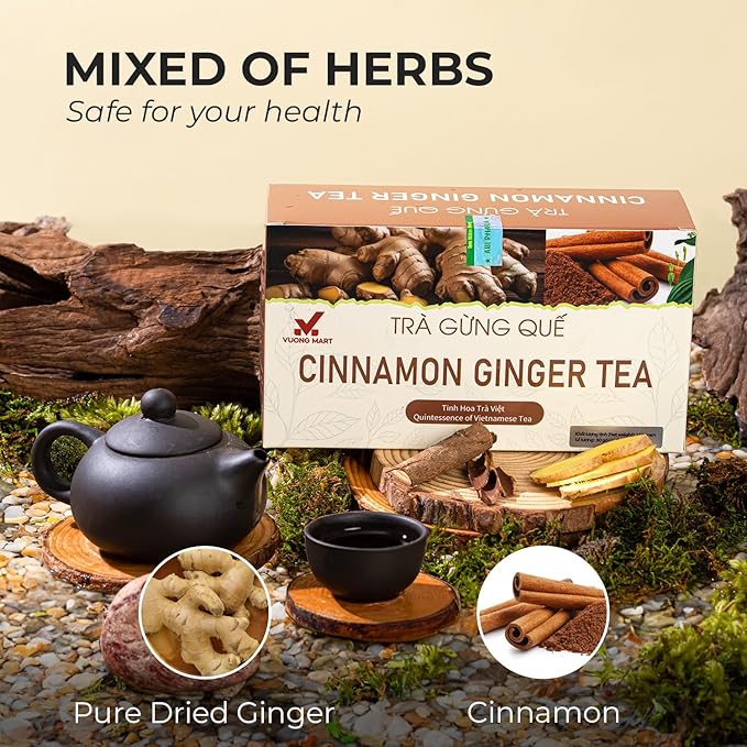 VUONGMART Dried Ginger Cinnamon Tea, 100% Pure & Hand Pick, Organic Herbal Tea, 30 Tea Bags, Gluten Free, Dairy Free, No Sugar Added & Natural, Energy Boost & Health Support