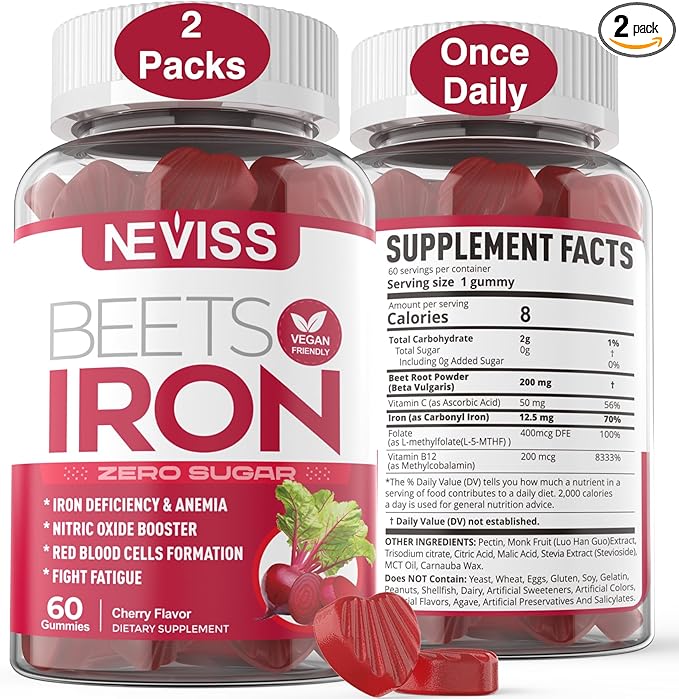 Beet Root Gummies with Iron, Methyl B12, Folate, Vitamin C - Increase Nitric Oxide & Iron Levels, Energy Support, Fight Fatigue, Beetroot & Gentle Iron Supplement, Sugar Free, 120 Count