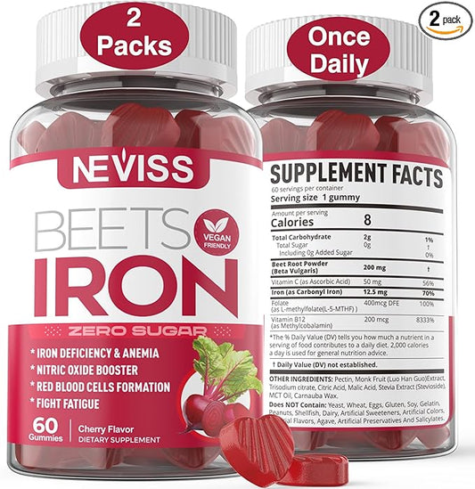 Beet Root Gummies with Iron, Methyl B12, Folate, Vitamin C - Increase Nitric Oxide & Iron Levels, Energy Support, Fight Fatigue, Beetroot & Gentle Iron Supplement, Sugar Free, 120 Count