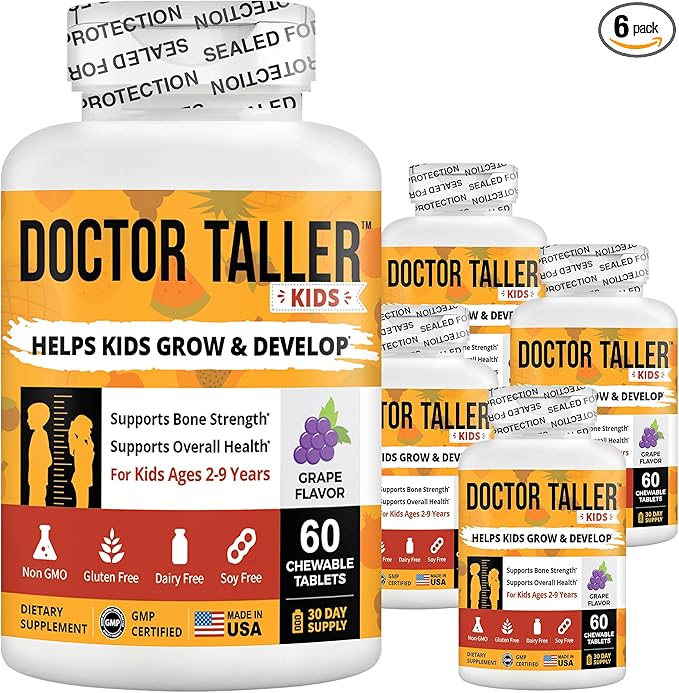 Doctor Taller Kids - Kids Multivitamins, Toddler Vitamins - Support Healthy Bone Growth and Bone Strength for Ages 2 to 9 - Grape Flavor - 60 Vegan Chewable Tablets | 6 Pack