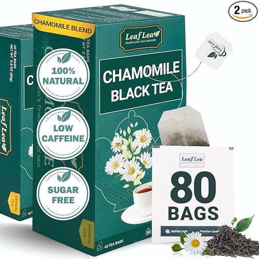 LeafLea Chamomile and Black Tea Blend, Chamomile Tea Bags, Black Tea & Pure Camomile Flowers, Manzanilla Tea Bags Stress Relief, Vegan, Supports Digestion, Ideal Wellness Gift Box | 80 Bags