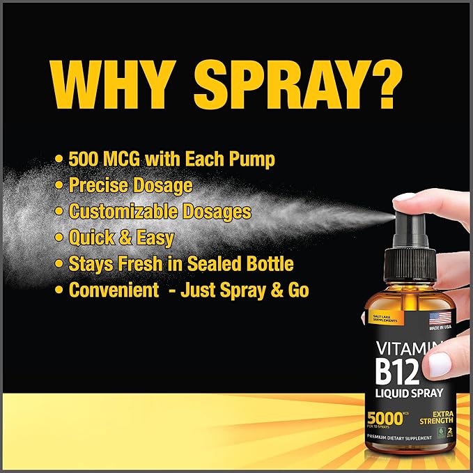 (2 Pack) - Liquid B12 Spray 5000 mcg - Vitamin B12 Sublingual - Vegan B12 Vitamin Spray - Methylcobalamin Vitamin B12 Liquid Boosts Energy & Mood - Gluten-Free & Non-GMO