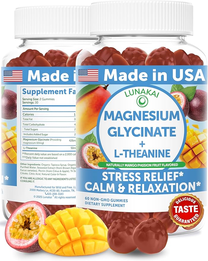 Lunakai USA Made Magnesium Glycinate Gummies with L-Theanine for Kids & Adults – 420mg Magnesium Supplement for Calm, Sleep & Stress Support, 60ct
