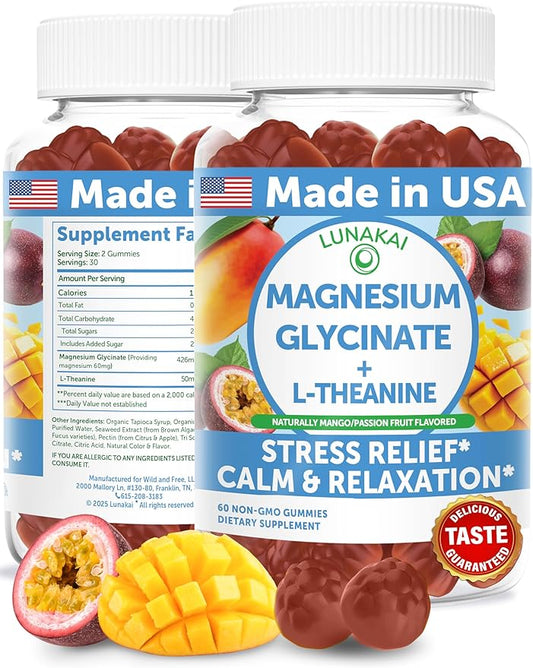 Lunakai USA Made Magnesium Glycinate Gummies with L-Theanine for Kids & Adults – 420mg Magnesium Supplement for Calm, Sleep & Stress Support, 60ct