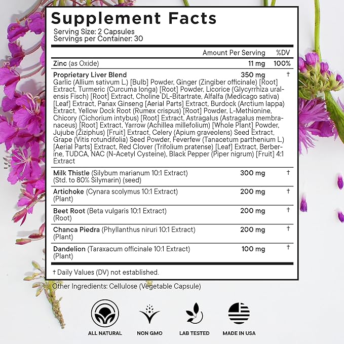 Milk Thistle NAC Chanca Piedra Beet Root Artichoke Dandelion Root- Liver Supplement Plus Astragalus TUDCA Choline & Ginger- 60 Count