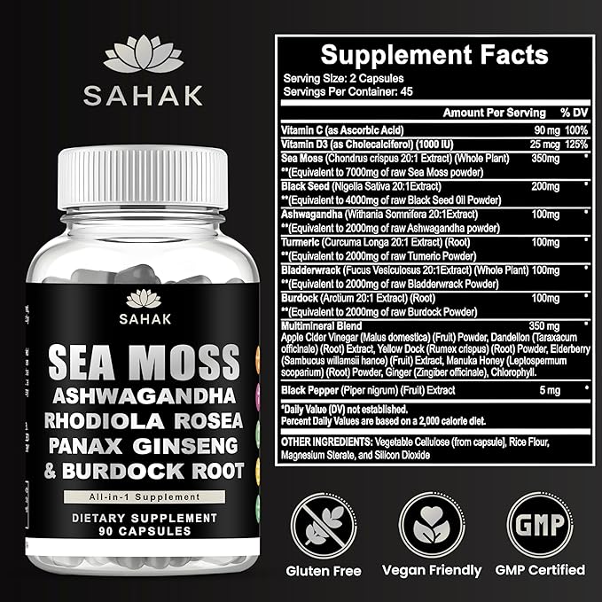 Sea Moss Capsules - Organic Irish Sea Moss with Ashwagandha, Rhodiola Rosea, Panax Ginseng, Burdock Root | Lab Tested | Immune Support, Energy, Cognition,for Women and Men - 90 Raw sea Moss Capsules