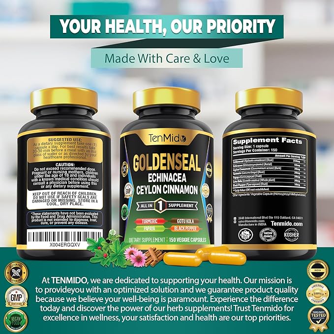 Goldenseal Root Supplement - 7in1 Formula - Combine with Echinacea, Ceylon Cinnamon, Turmeric, Papaya, Gotu Kola & Black Pepper - Digestive Health Support - 150 Capsules for 5 Months Supply
