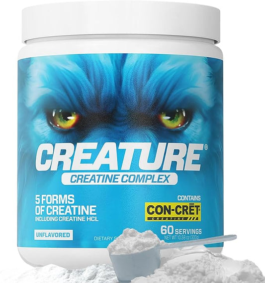 CREATURE® Creatine Complex - Creatine Monohydrate Powder with 5 Types of Creatine Including Con-Crēt® Creatine HCL, Promotes Muscle, Strength, Endurance, Brain Health, Unflavored, 300g 60 Servings