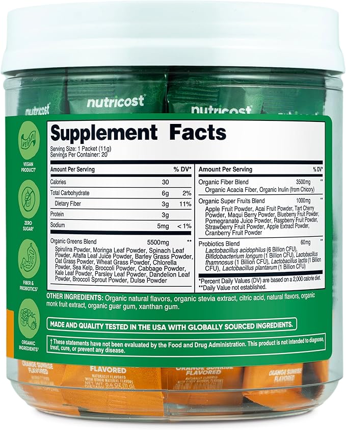 Nutricost Organic Super Greens (Orange Sunrise Flavored) 20 Stickpacks - Gluten-Free, Non-GMO