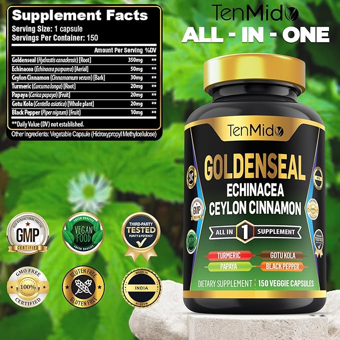 Goldenseal Root Supplement - 7in1 Formula - Combine with Echinacea, Ceylon Cinnamon, Turmeric, Papaya, Gotu Kola & Black Pepper - Digestive Health Support - 150 Capsules for 5 Months Supply