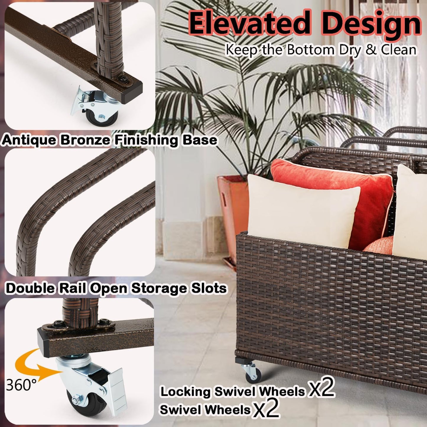 Poolside Float Storage Organizer, Outdoor Wicker Rattan Pool Float Holder Storage Rack for Basket Box Patio Pool Storage Caddy with Rolling Wheels for Pool Toy Noodles Equipment Accessroies Espresso