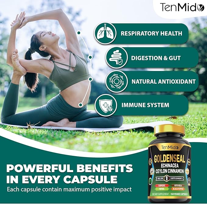 Goldenseal Root Supplement - 7in1 Formula - Combine with Echinacea, Ceylon Cinnamon, Turmeric, Papaya, Gotu Kola & Black Pepper - Digestive Health Support - 150 Capsules for 5 Months Supply