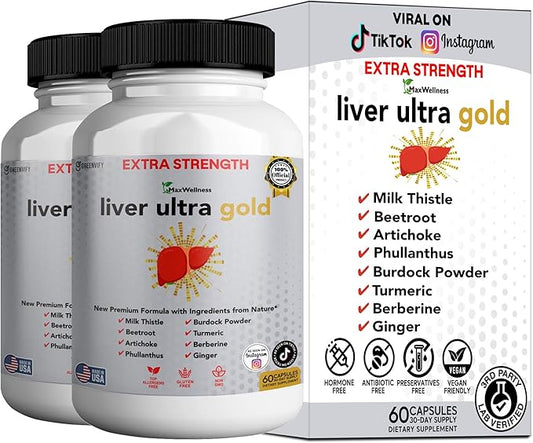 Liver Ultra Gold Extra Strength Supplement, 60 Veggie Capsules, Natural Liver Support with Milk Thistle, Beetroot, Artichoke, 30 Day Supply (2)
