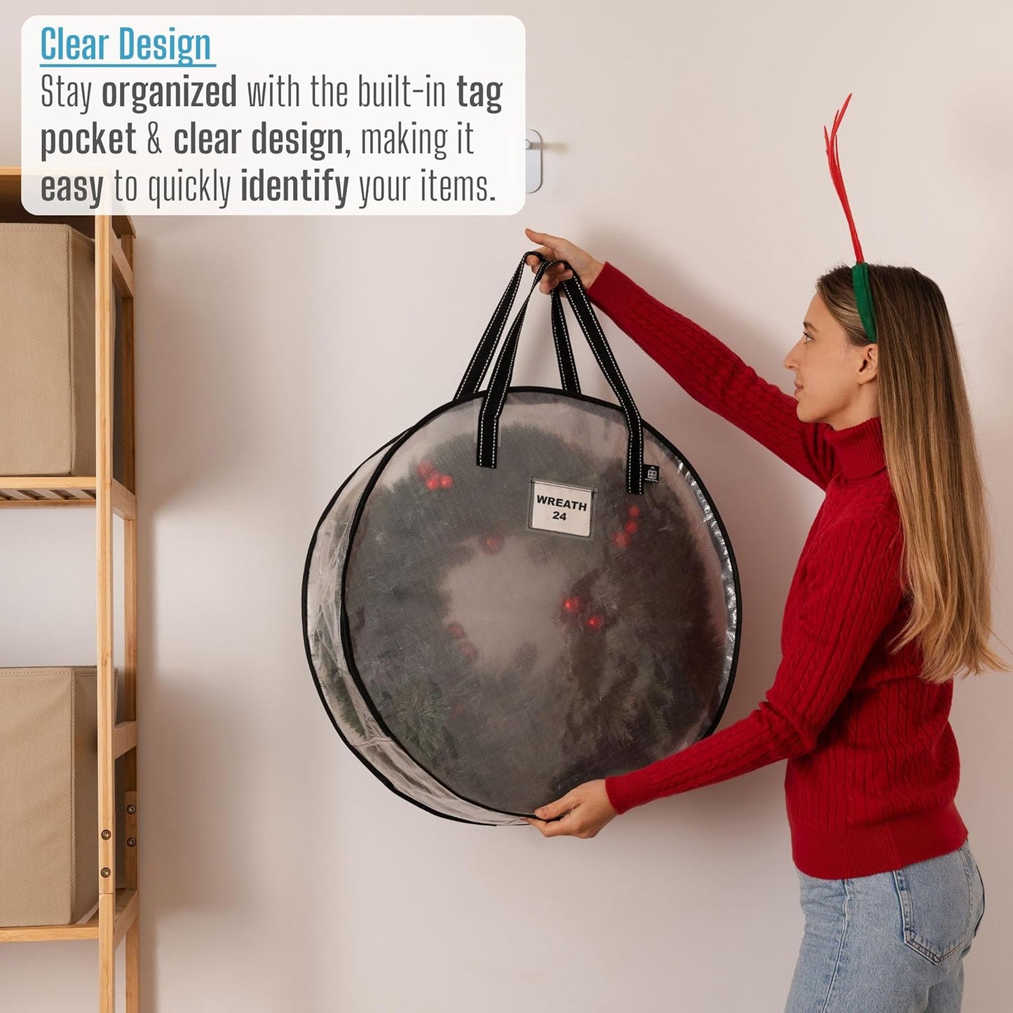 VENO 2 Pack Christmas Wreath Storage Container - 24 Inch Clear Wreath Bag, Christmas Garland and Holiday Decoration Organizers with Zipper and Durable Handles (Clear, 24"-2 Pack)