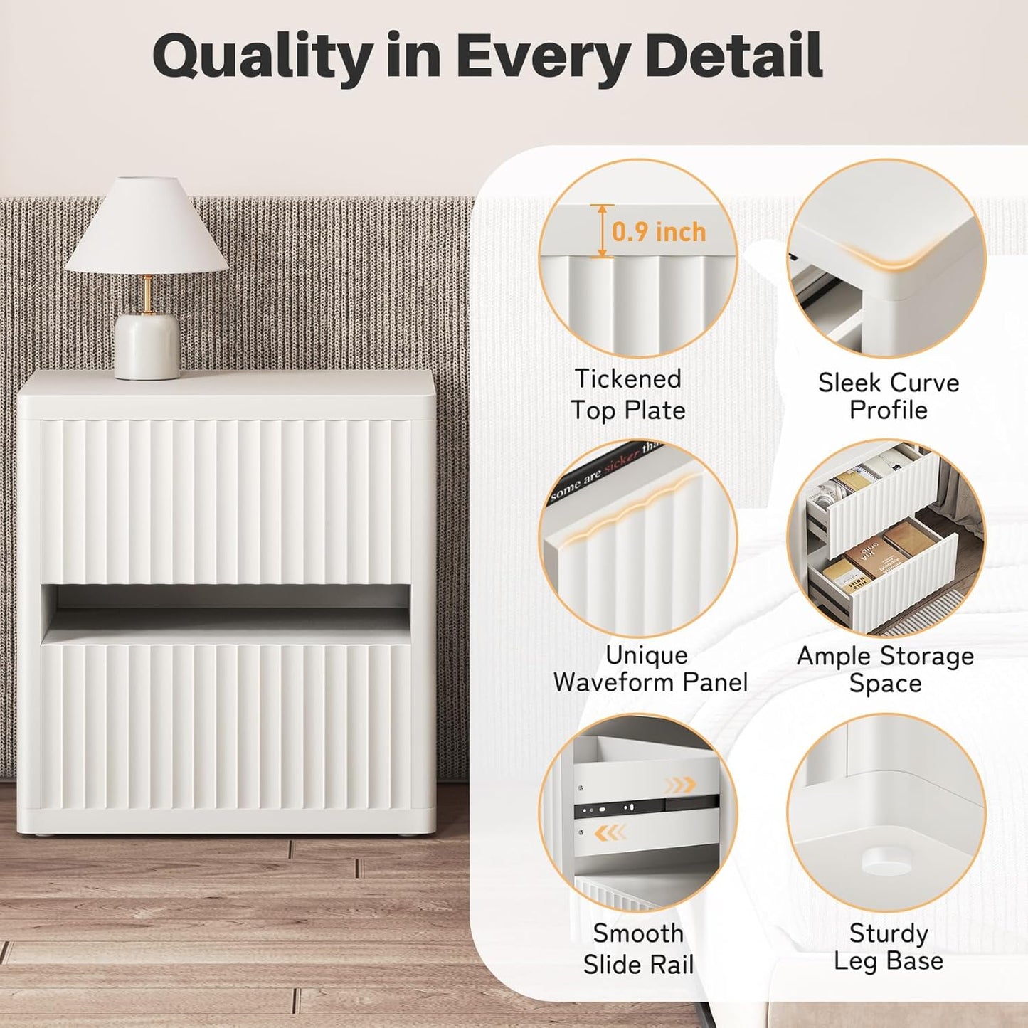 Dripex Fluted Nightstand with 2 Drawers, Large Wide Wood Night Stand Bedside Tables for Bedroom, Mid-Century Modern Storage Bed Side Table, End Tables for Living Room Sofa Couch, White, Set of 1