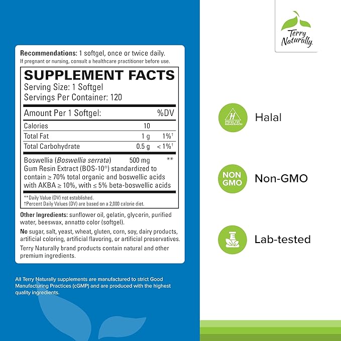 Terry Naturally BosMed 500 Extra Strength - Boswellia Serrata Extract - Supplement for Healthy Lung Support - Herbal Supplement Formula with High Levels of AKBA - 120 Softgels