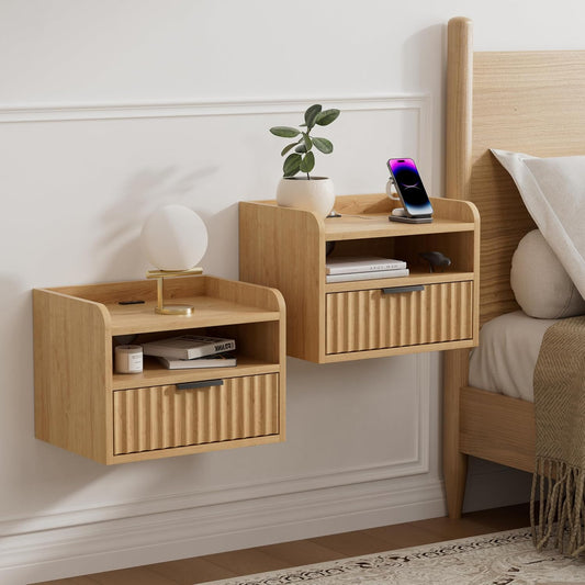 Fluted Floating Nightstands Set of 2 with Drawer, Modern Small Wall Mounted Storage Night Stand with Charging Station, Wood Bedside Table USB C & USB A Ports, Natural Oak