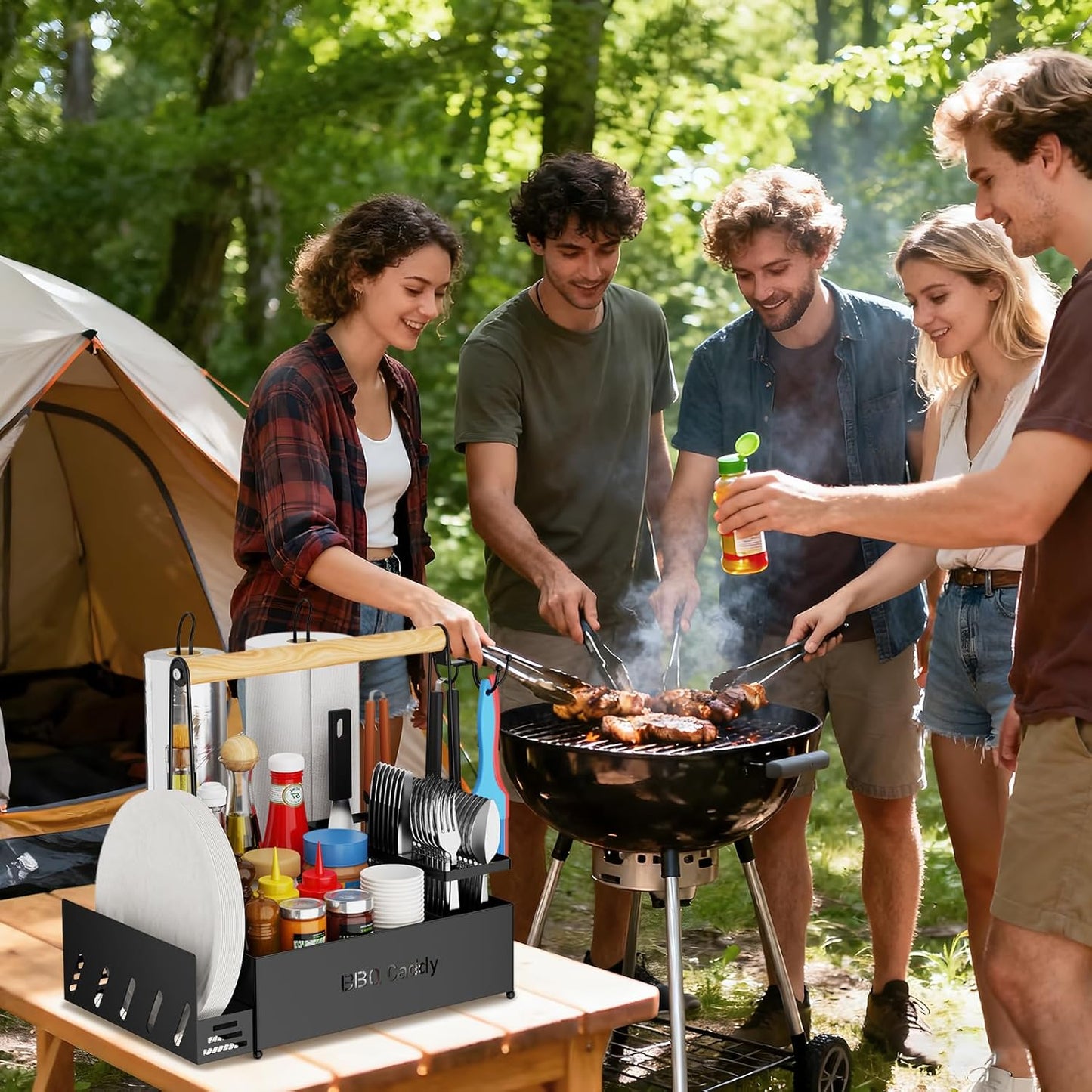 Grill Caddy, BBQ for Outdoor Grill with 2 Paper Towel Holders, Picnic BBQ Condiment Utensil Organizer Caddy for Outdoor Cooking, Rv, Camping Essential, Camper Must Haves,Gifts for Men