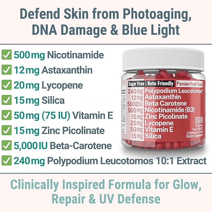 Astaxanthin Polypodium Leucotomos Zinc Picolinate Lycopene Vitamin E B3 Nicotinamide Silica Gummies 500-mg 12-mg 20-mg 24-mg 30-mg 15-mg 50-mg 5-mg Astaxantina Asthantaxin Caroten Carotin Supplement