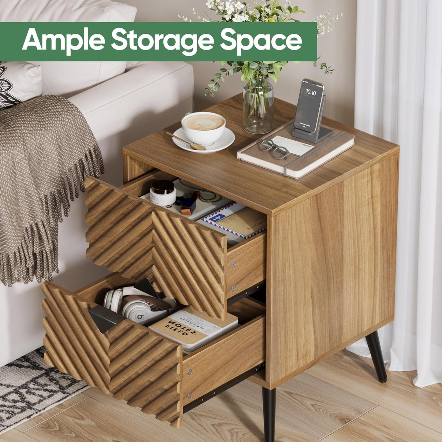 Nightstands, Walnut Night Stand with Diamond-Patterned Drawer Decor, Mid Century Modern Nightstand, Bedside Table with Diamond Handle, End Tables Bedroom with Metal Legs, Night Stand for Bedroom