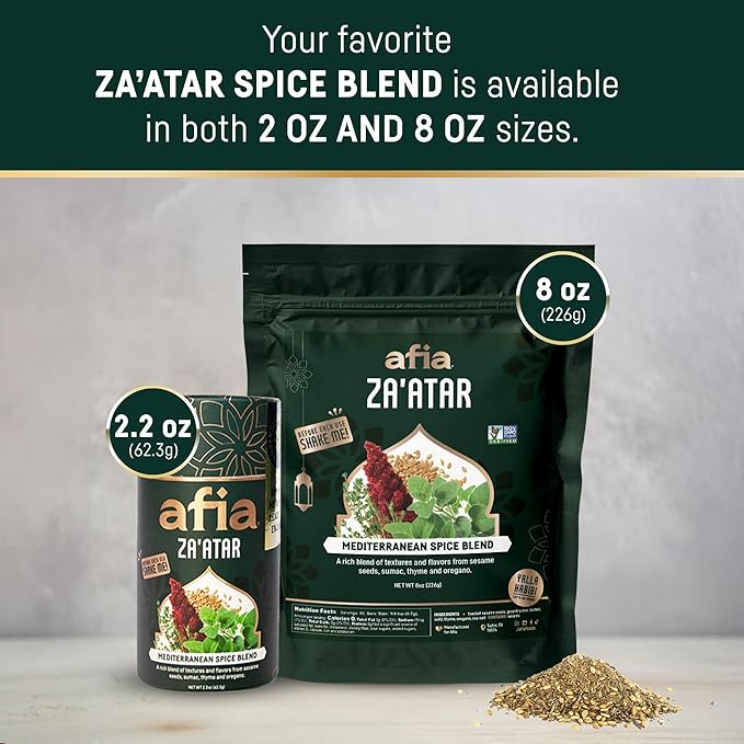 Afia Za'atar Spice Blend | Authentic Mediterranean Seasoning with Sumac, Toasted Sesame & Herbs | Perfect for Dips, Marinades, Flatbreads & More | Non-GMO, No Fillers, No Preservatives (2.2oz)