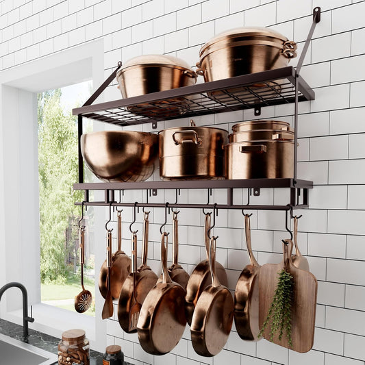 KES 30-Inch Oiled Bronze Pot Rack Wall Mounted, 2-Tier Hanging Pot and Pan Organizer with 12 Sturdy Hooks, Kitchen Wall Hanger Shelves Farmhouse Style, KUR215S75B-OB