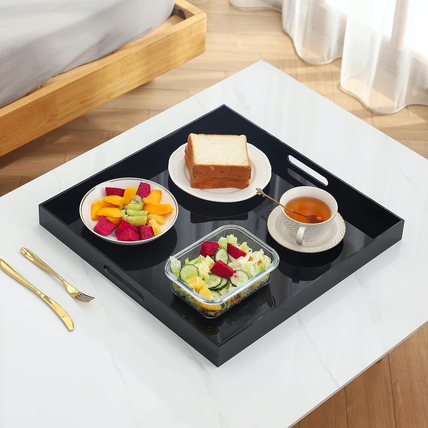Black Oversize Acrylic Serving Tray with Handles 19x19 Inch -Spill Proof- Decorative Trays Countertop Organizer for Ottoman,Nightstand, Sidetable, Butler (19x19 Inch, Black)